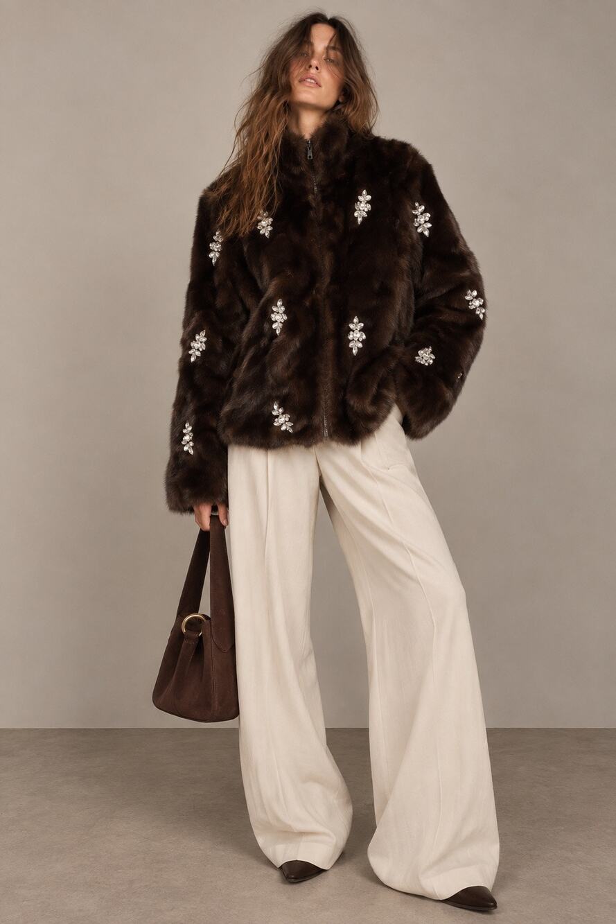 Boston Proper Faux Fur Funnel Neck Jacket Brown Rhinestones Jewels Small